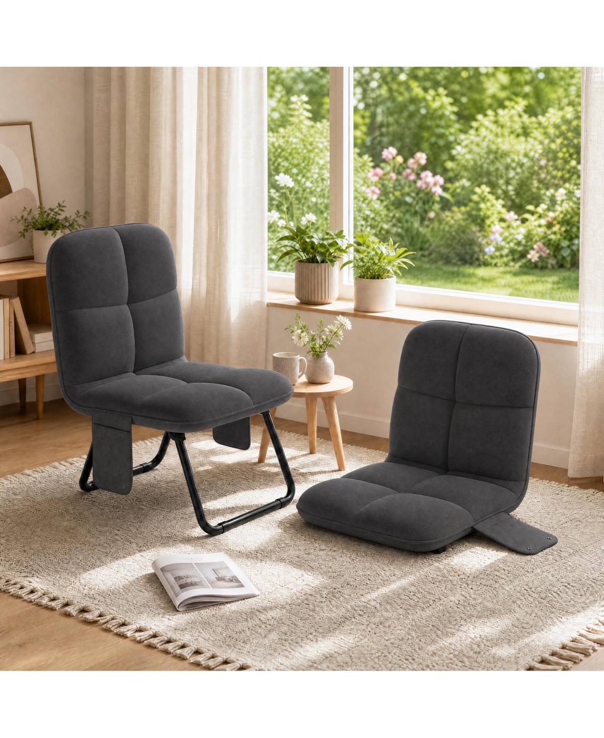 homfan Collapsible Floor Chair with Soft Velvet Cushion Sturdy Metal Frame for Living Room Bedroom Dorm Reading Nook