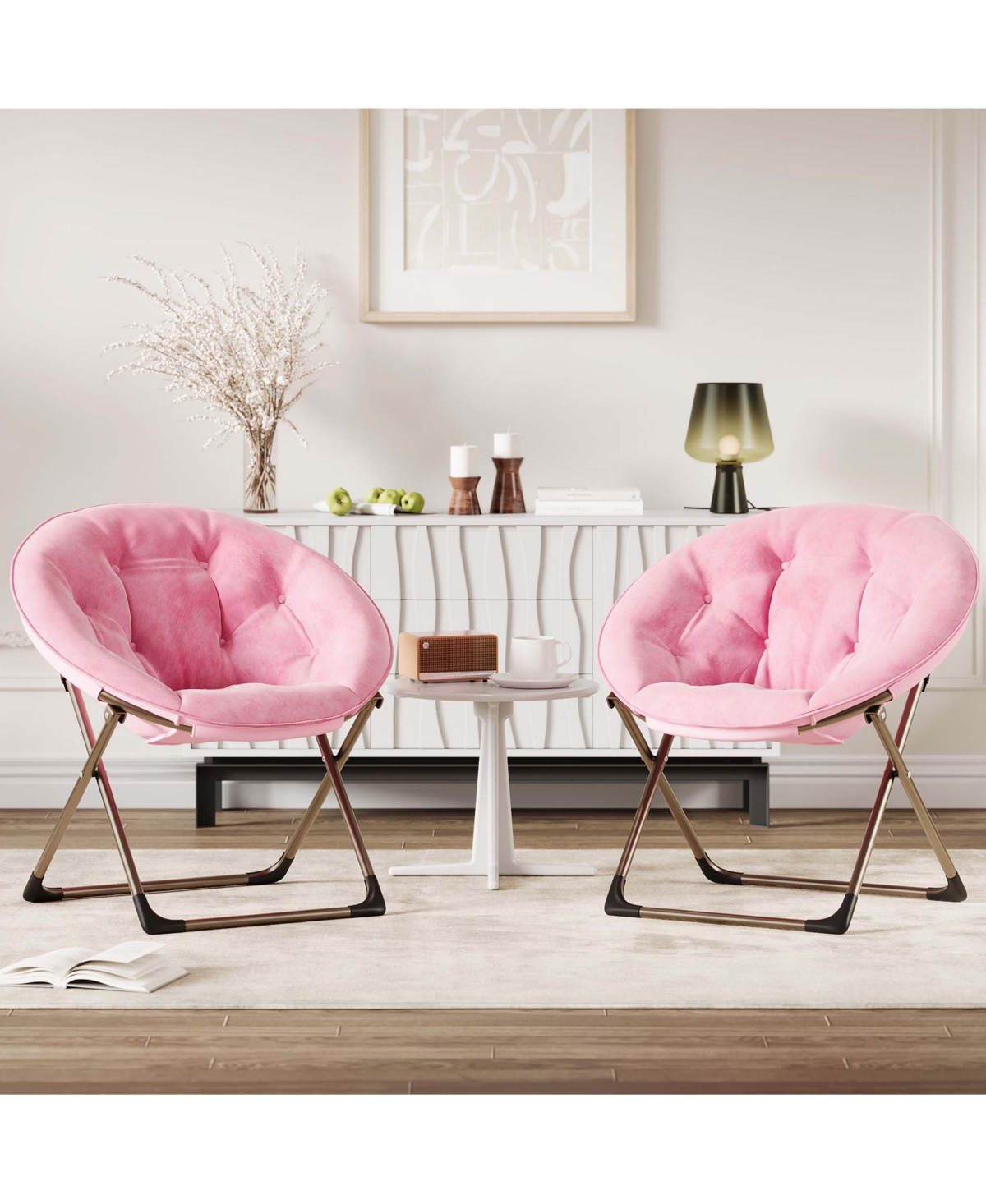 homfan Set of 2 Oversized Folding Moon Chair with Faux Fur Upholstery Sturdy Metal Frame for Bedroom Dorm Living Room Reading Gaming