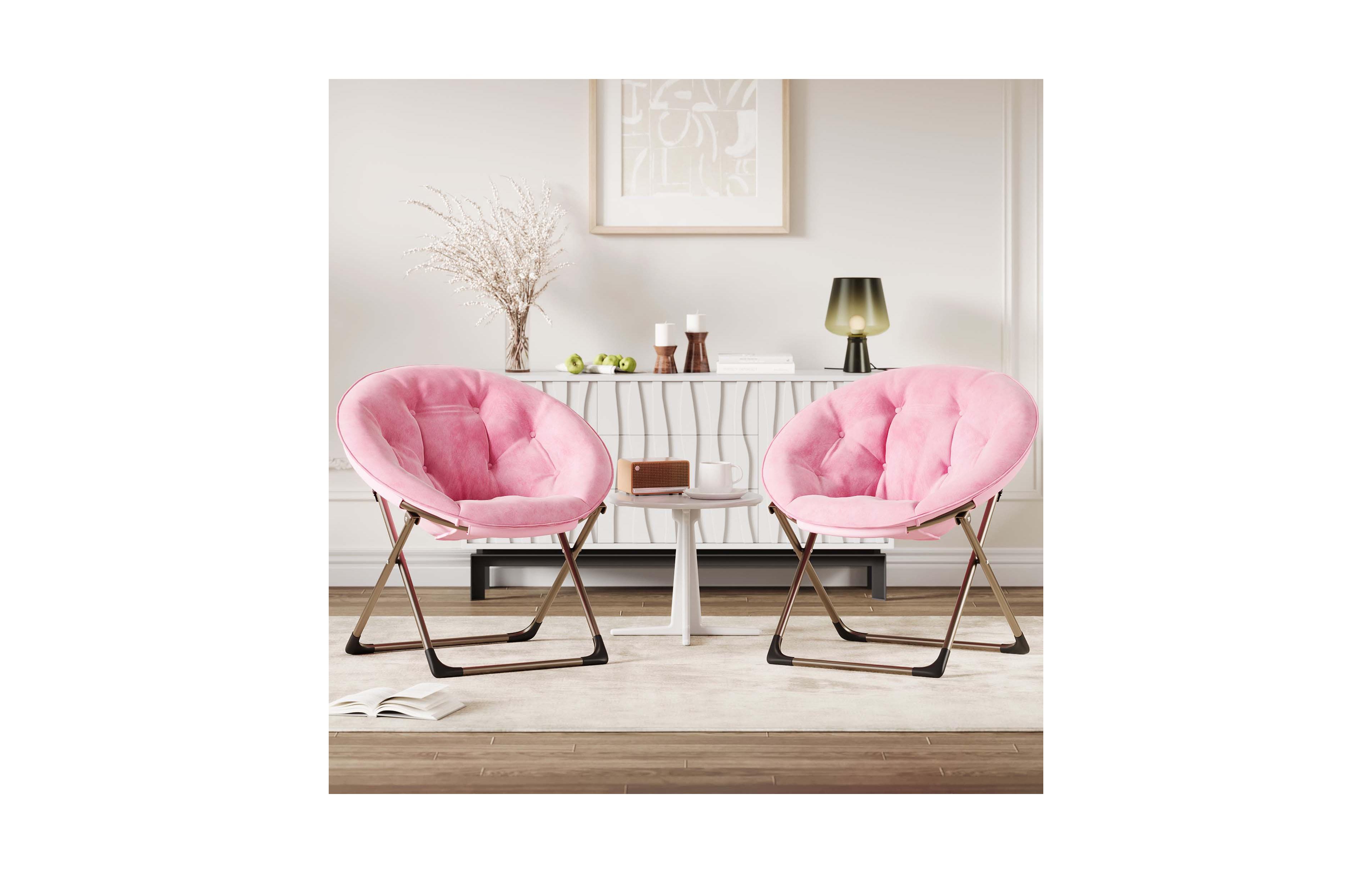 homfan Set of 2 Oversized Folding Moon Chair with Faux Fur Upholstery Sturdy Metal Frame for Bedroom Dorm Living Room Reading Gaming