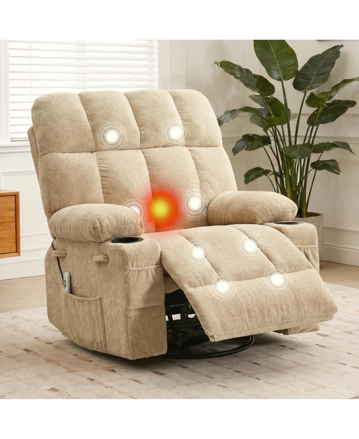 homfan Oversized Swivel Rocker Recliner for Adults, Manual Reclining Glider with Massage and Heating, Cup Holders, Nursery Seating Living Room