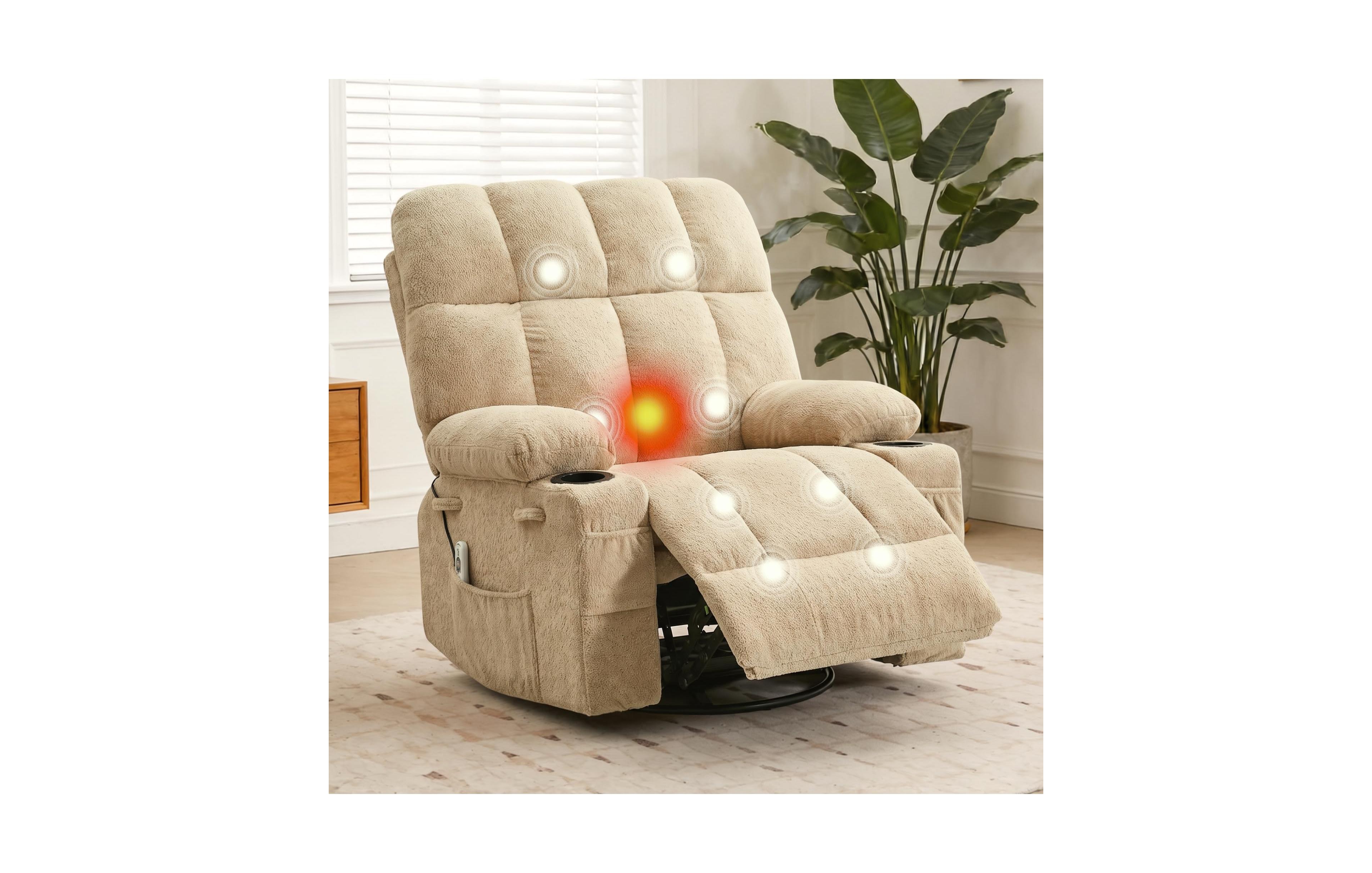 homfan Oversized Swivel Rocker Recliner for Adults, Manual Reclining Glider with Massage and Heating, Cup Holders, Nursery Seating Living Room