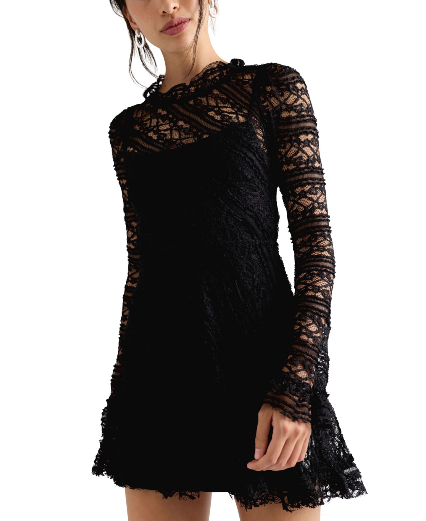 Женское платье Free People Woodland Whispers Long-Sleeve Lace A-Line Mini, цвет: Чёрный — фото 1