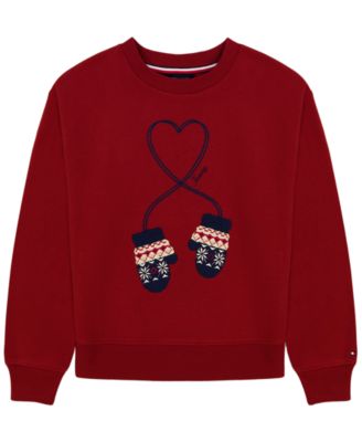 Girls' 7-16 Mitten Applique Embroidered Drop-Shoulder Sweatshirt