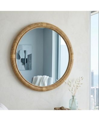31.9" Round Woven Rattan Decorative Wall Mirror with Coastal Wrapped Frame