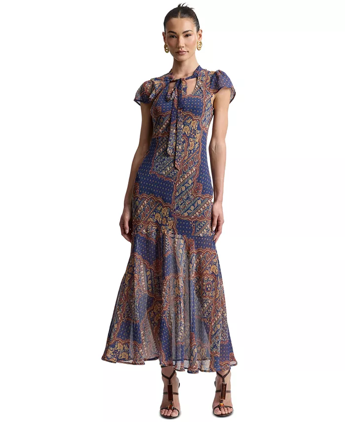 Women's Scoop Neck Tie Detail Godet Maxi Dress