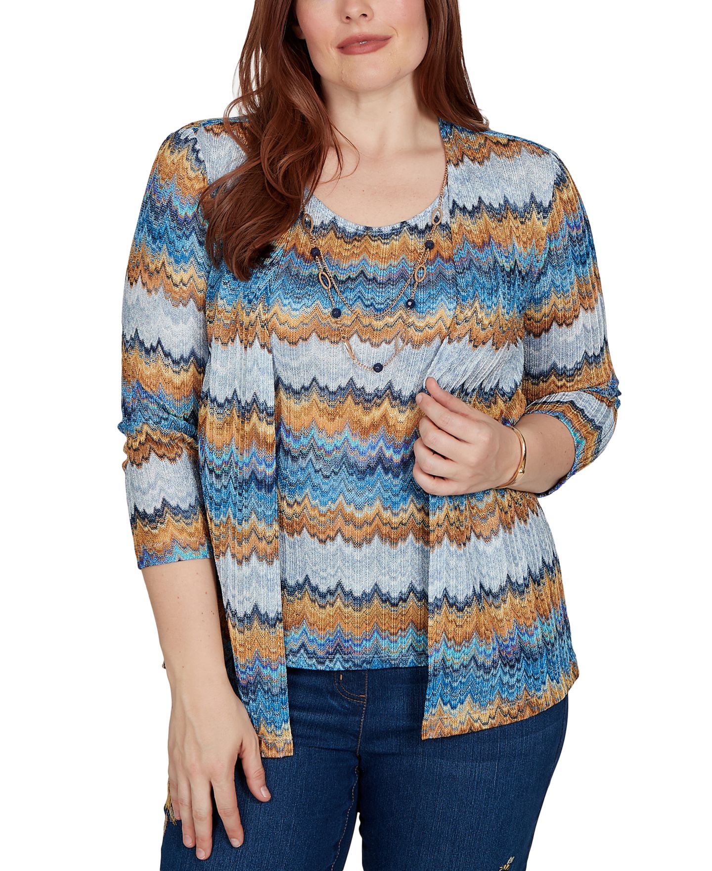 Женский топ Alfred Dunner Petite 3/4-Sleeve Scoop Neck, цвет: Синий разноцветный — фото 1