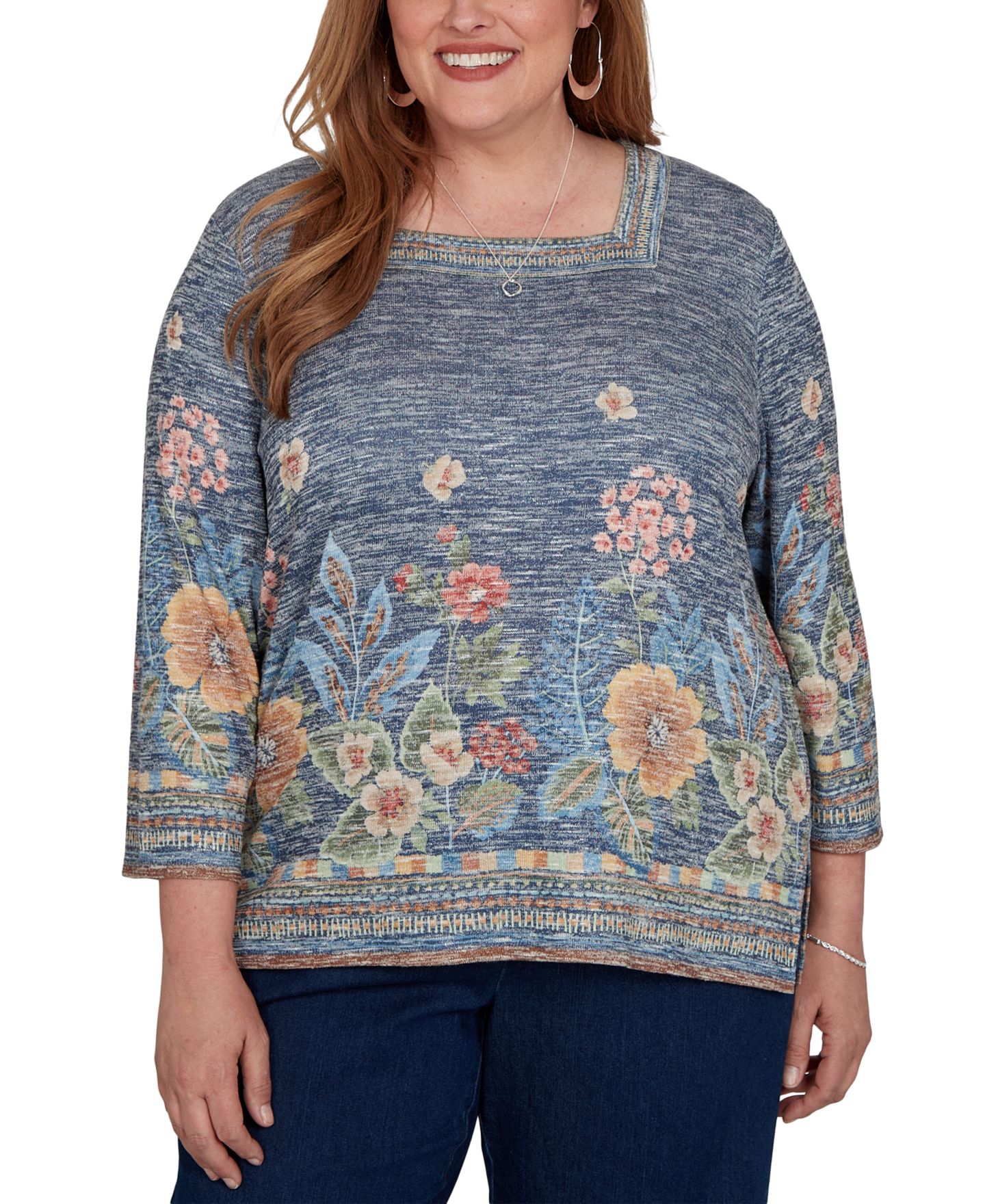 Женский топ Alfred Dunner Plus Size Floral 3/4-Sleeve Square-Neck, цвет: Джинсовый — фото 1