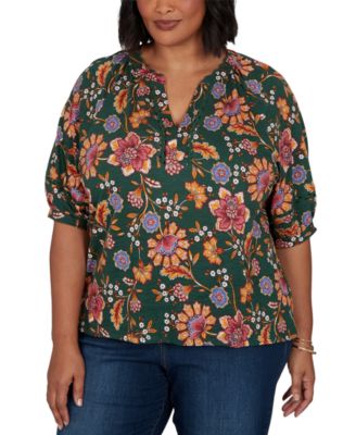 Plus Size Floral Vines Printed Cotton Knit Top