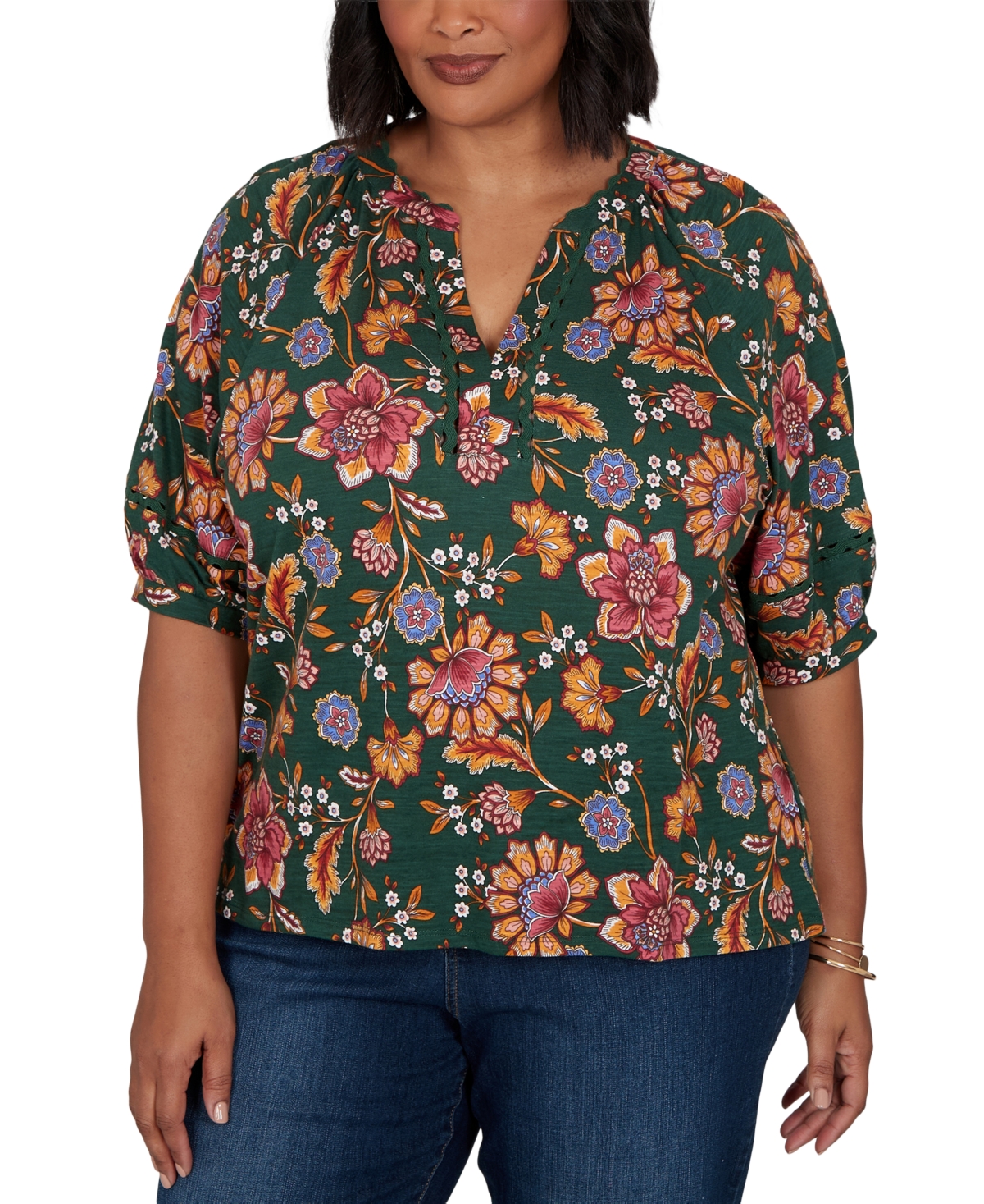 Ruby Rd. Plus Floral Vines Printed Cotton Knit Top
