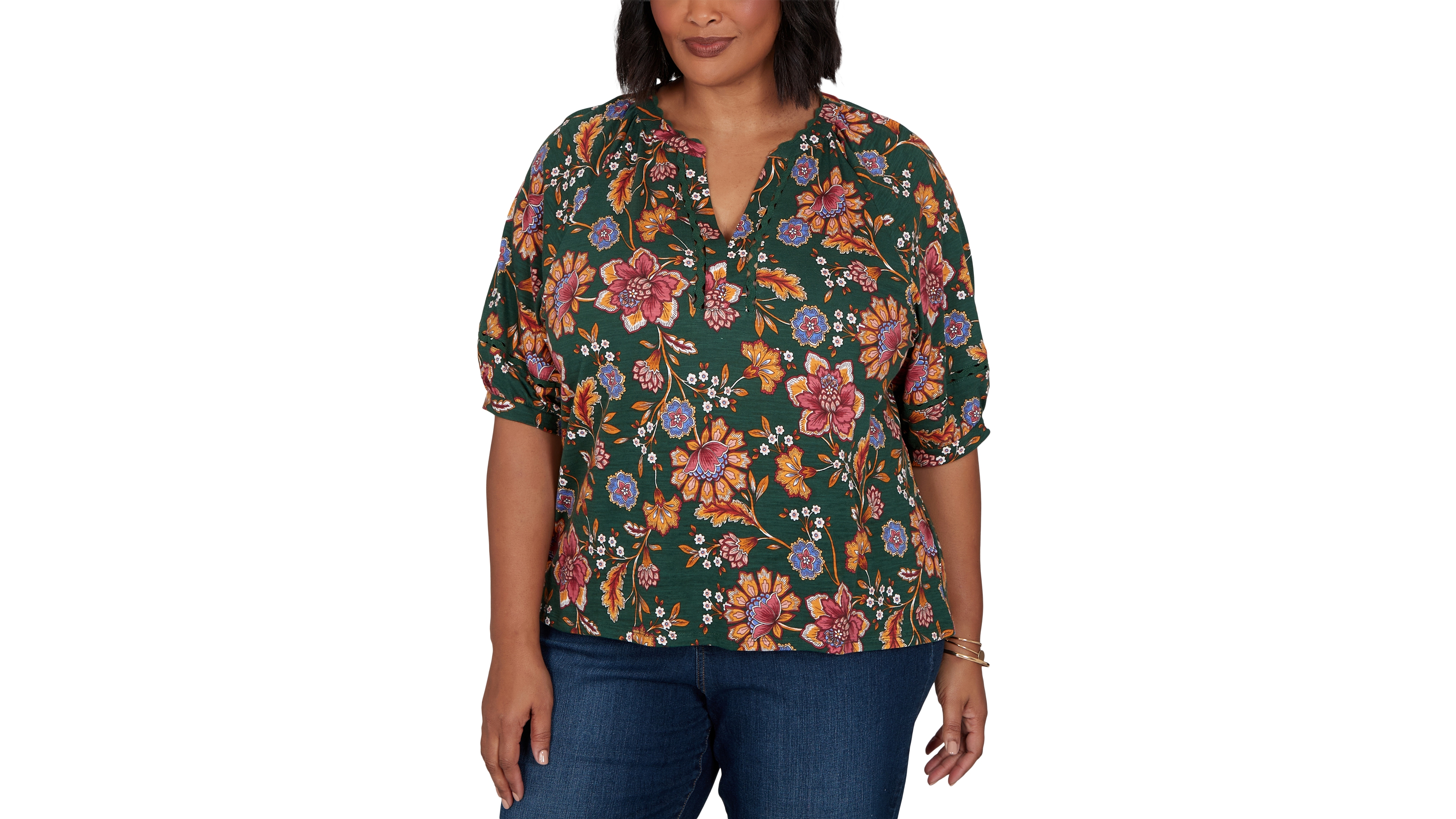 Ruby Rd. Plus Floral Vines Printed Cotton Knit Top