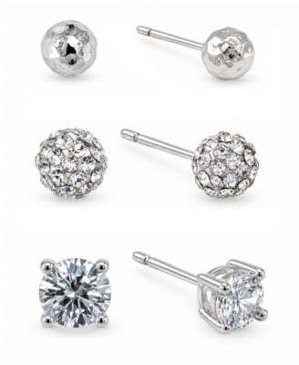 3-Pc. Set Cubic Zirconia, Hammered-Look and Crystal Ball Stud Earrings in Silver-Plate