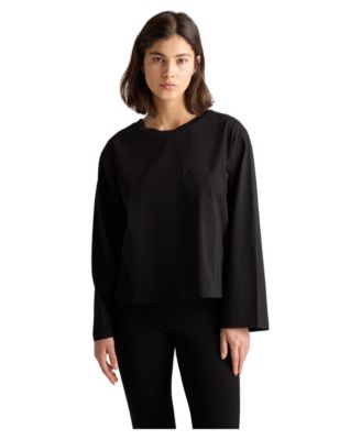Women's Thir Boxy Chest-Pocket Cotton-Blend Long-Sleeve Top