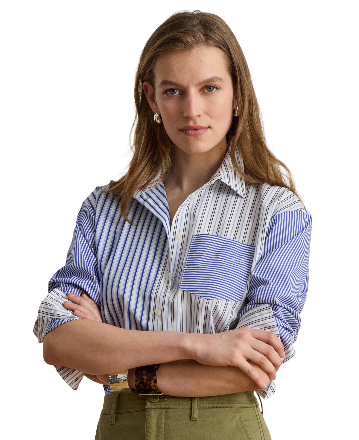Lauren Ralph Women's Spread Collar Striped Broadcloth Shirt