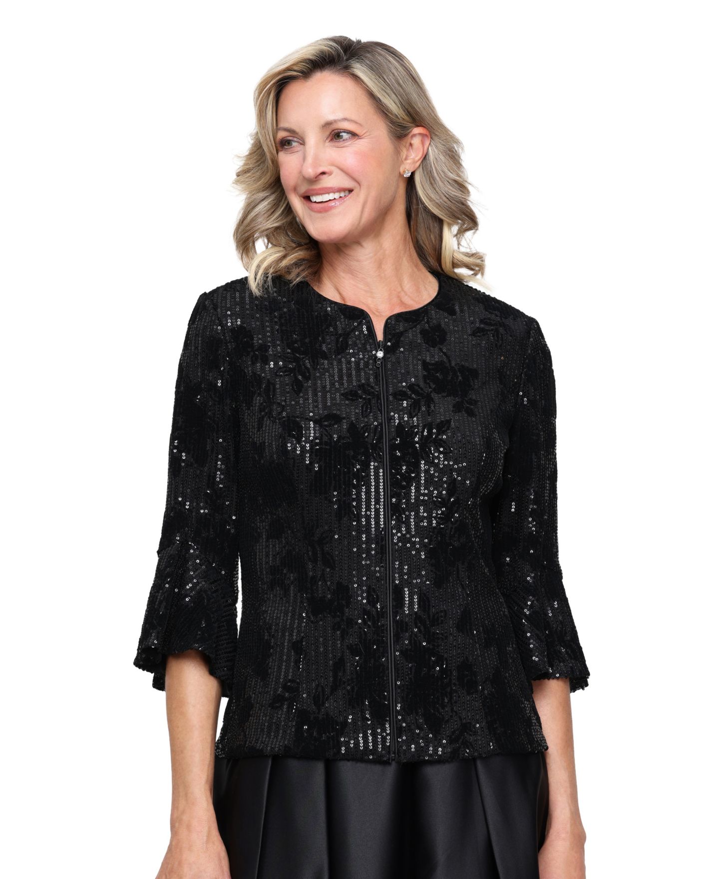 Женская куртка Alex Evenings Flocked Sequin 3/4-Sleeve Bell-Sleeve, цвет: Чёрный — фото 1
