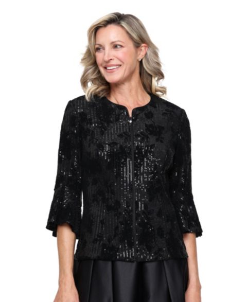 Женская куртка Alex Evenings Flocked Sequin 3/4-Sleeve Bell-Sleeve, цвет: Чёрный