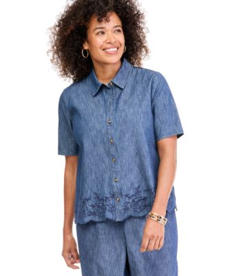 Women's Peplum Elbow-Sleeve Chambray Embroidered Scalloped-Hem Shirt