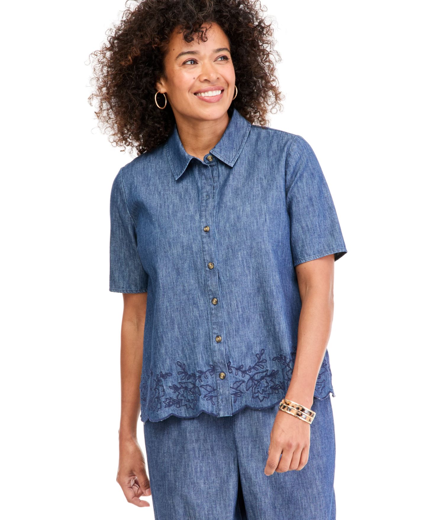 Женская рубашка Style & Co Peplum Elbow-Sleeve Chambray Embroidered Scalloped-Hem, цвет: Варёный — фото 1