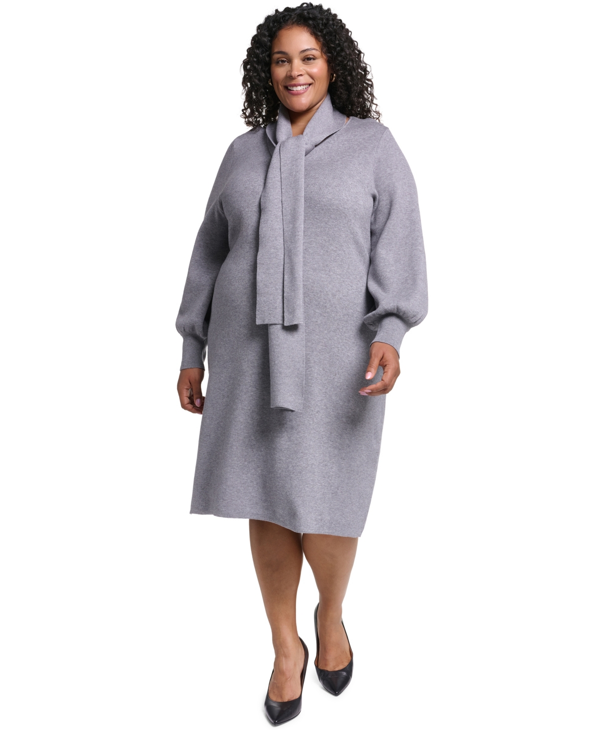 Jessica Howard Plus Size V-Neck Long-Sleeve Scarf Midi Dress - Grey
