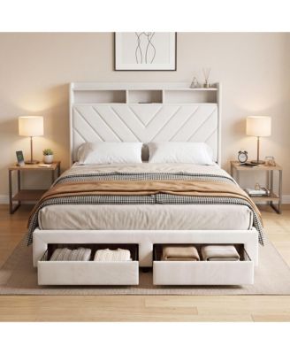 Velvet Upholstered Platform Bed with 52" Wingback Headboard, Built-in Charging Station & 2 Metal Storage Drawers - No Box Spring Needed