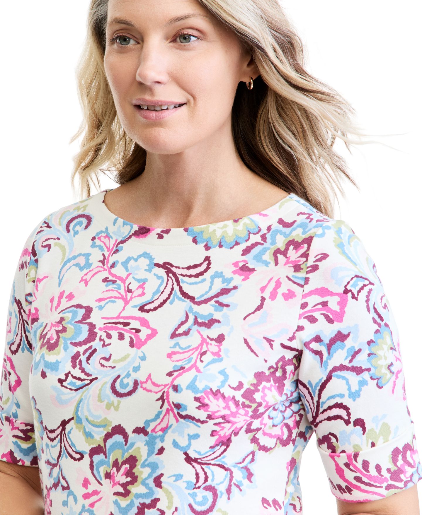 Женский топ Style & Co Printed Elbow Sleeve Boatneck, цвет: Ванильный — фото 3