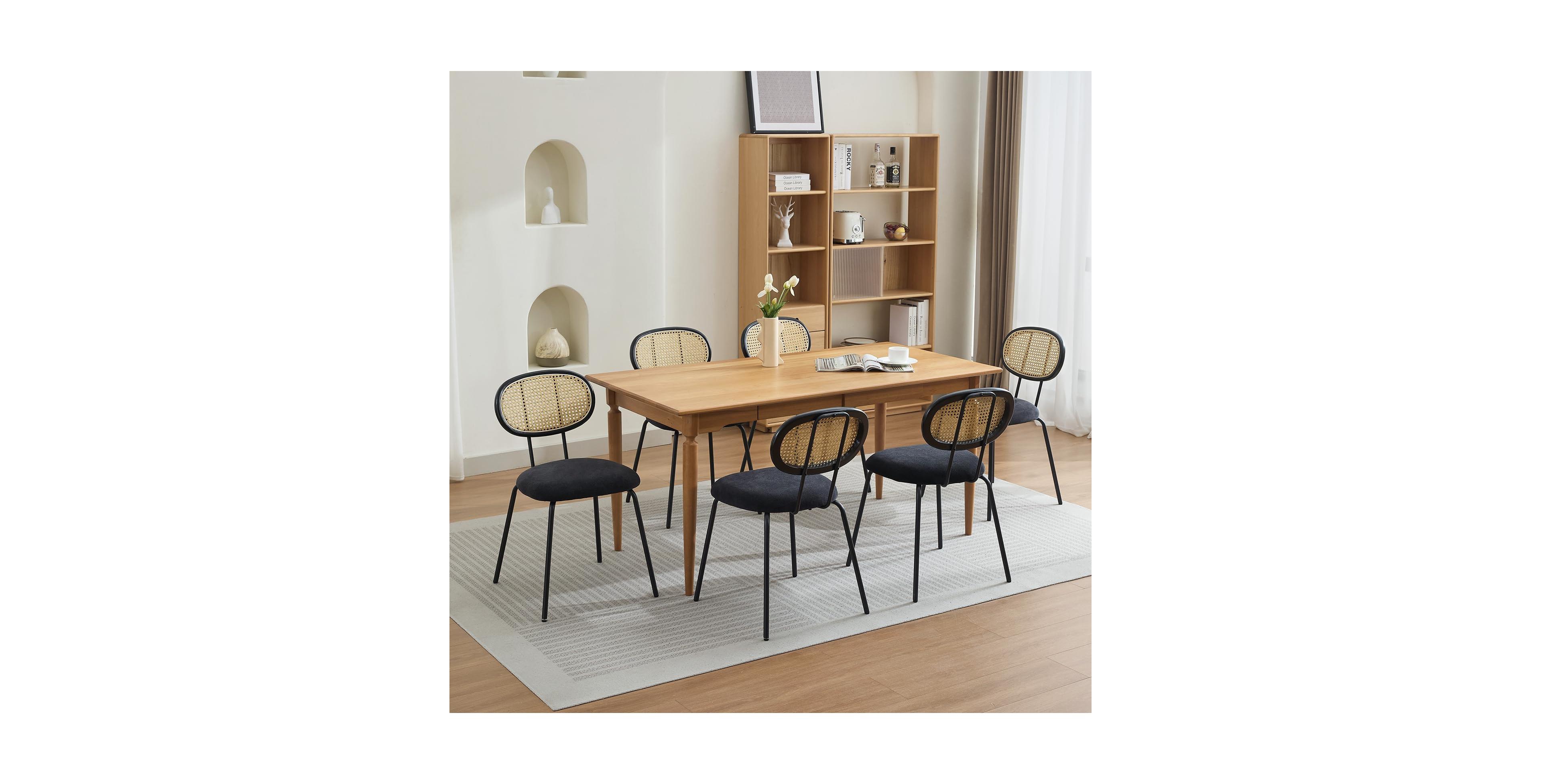 homfan Set of 6 Rattan Dining Chairs Mid-Century Modern Upholstered Seats Metal Legs Mesh Backrest for Kitchen Dining Room Living Room