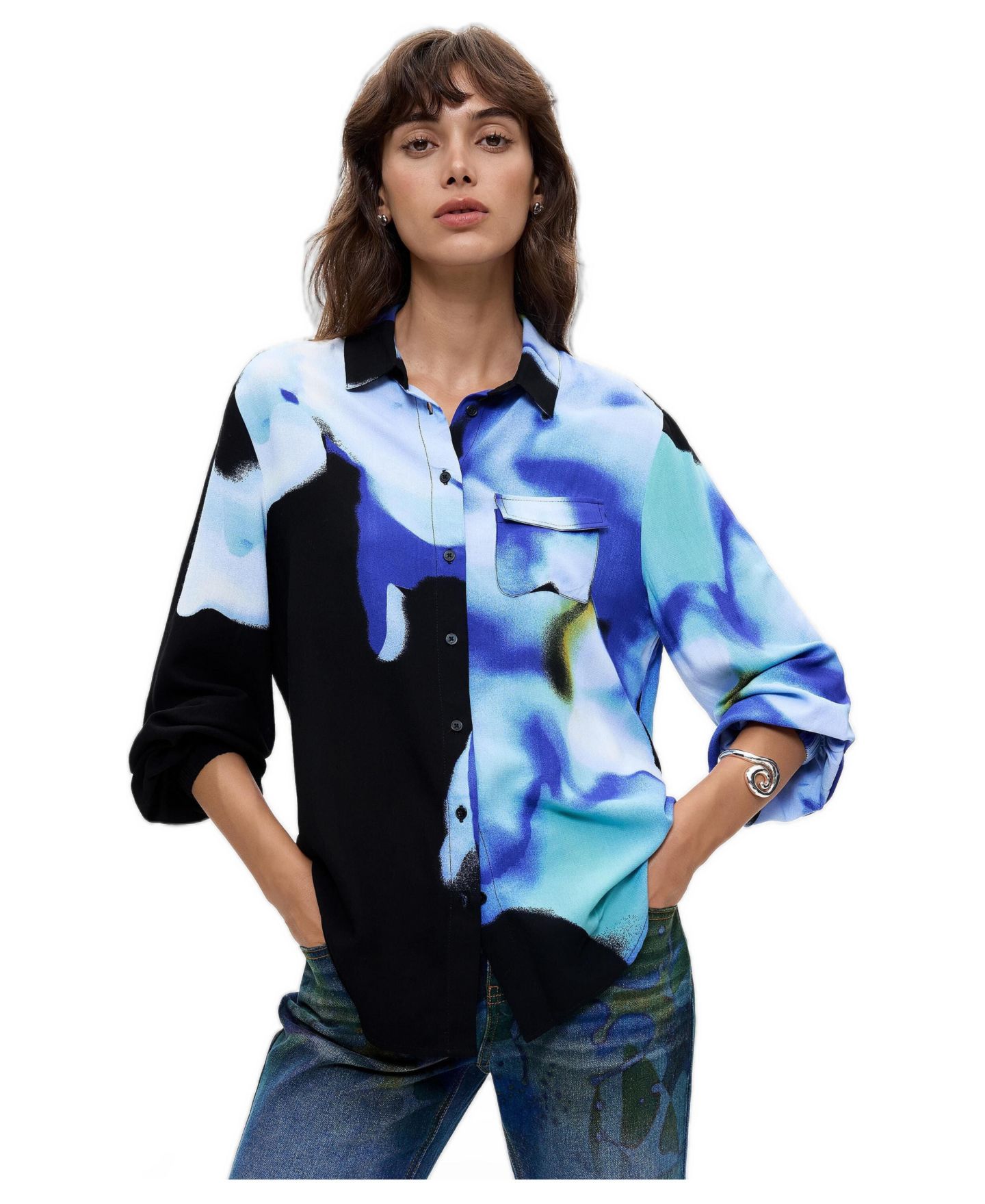 Женская рубашка Desigual Lacroix Long-Sleeve Button-Up Abstract-Print, цвет: Тёмный синий — фото 1