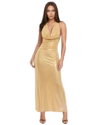Womens Plunge Neck Metallic Slinky Maxi Dress