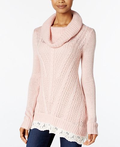 Hippie Rose Juniors' Lace-Trim Cowl-Neck Sweater