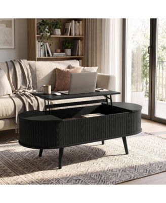 Modern Oval Lift Top Coffee Table with Hidden Storage, 47 Inch Fluted Table, Waterproof Cocktail Table with Rounded Corners for Living Room