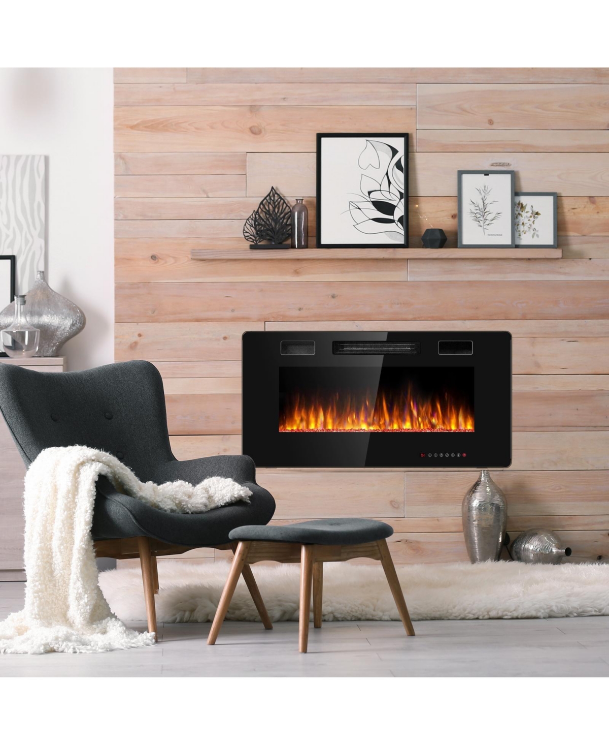 Boyel Living 36 Inch Ultra Thin Electric Fireplace Wall Mount Recessed, 12 Flame Colors, 750 1500W Heater Timer