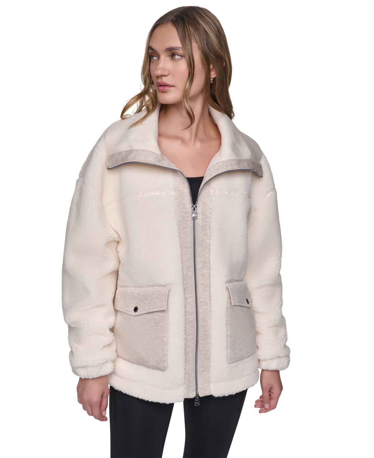 Dkny Sport Women's Funnel Neck High-low Sherpa Jacket In Eggnog,cortado