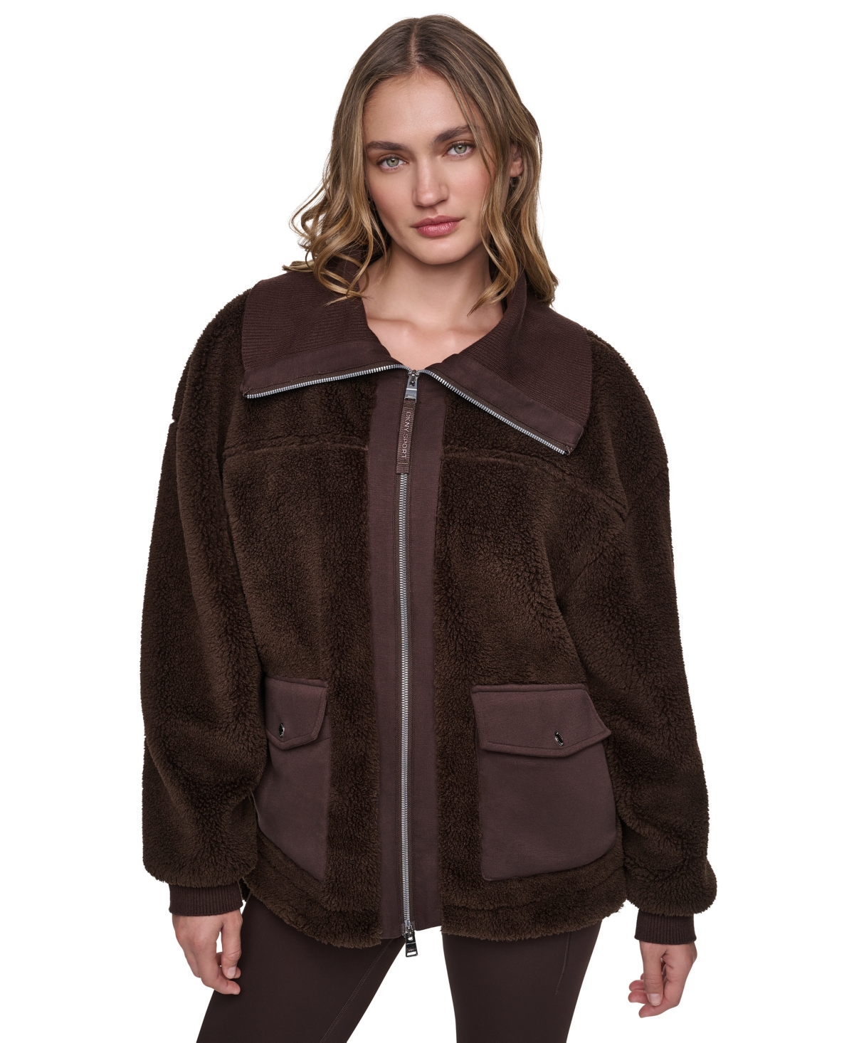 Dkny Sport Women's Funnel Neck High-low Sherpa Jacket In Espresso