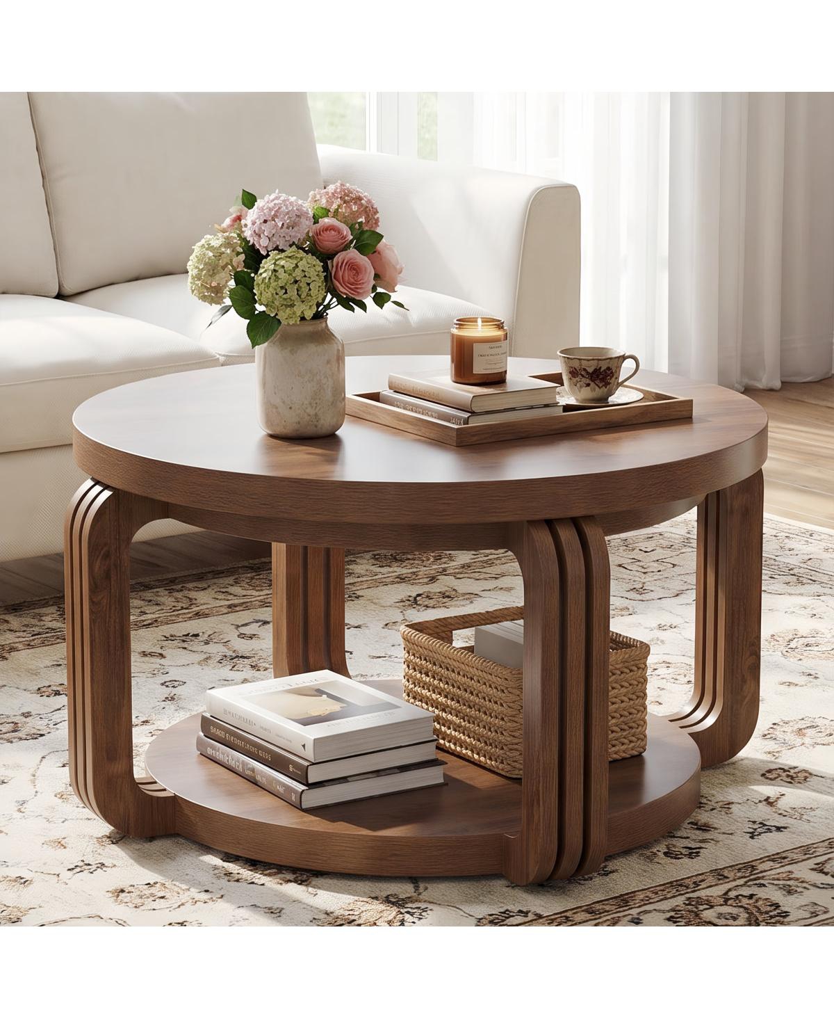 Tribesigns 31.5" Round Coffee Table with 2-Tier Storage