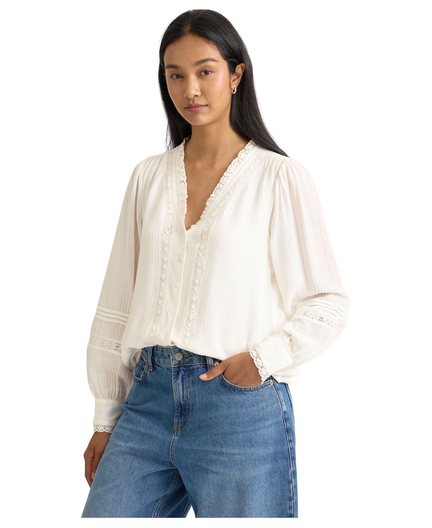 Женская блузка Albaray Long-Sleeve V-Neck Lace-Trimmed, цвет: Кремовый — фото 1