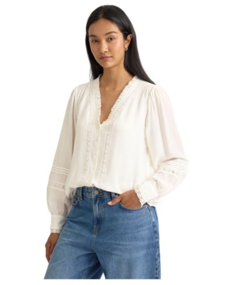Женская блузка Albaray Long-Sleeve V-Neck Lace-Trimmed, цвет: Кремовый