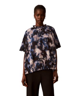 Women's Short-Sleeve Ruffle-Neck Pleated Blouse