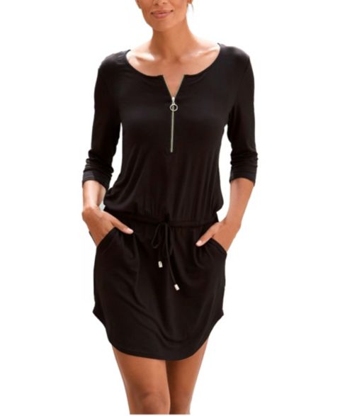 Женское платье Lascana 3/4-Sleeve Zipper-Detail Mini Viscose-Blend, цвет: Чёрный
