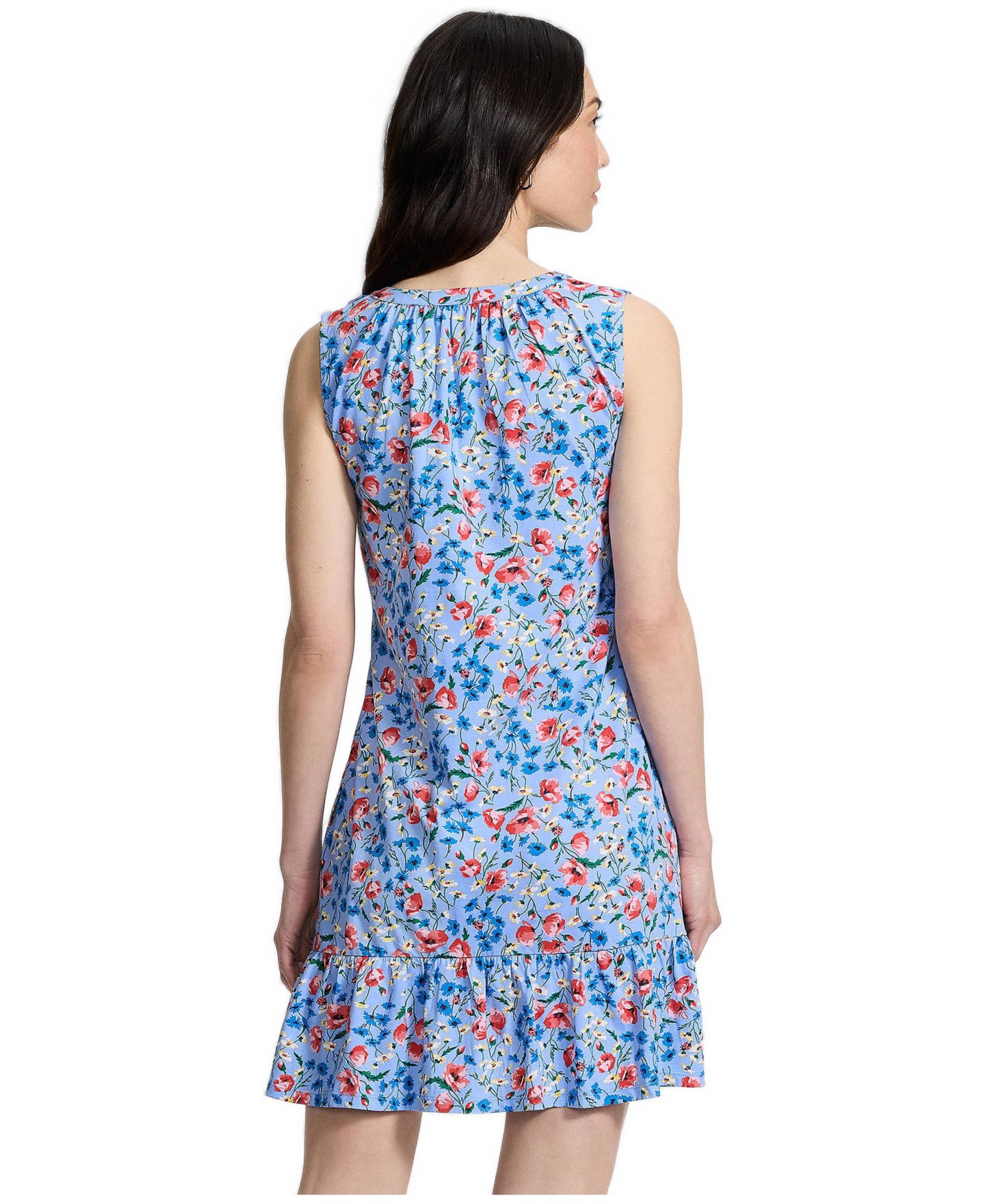 Женское платье Lands' End Sleeveless Cotton Jersey Notch Neck Flounce, цвет: Прозрачный синий небесно-голубой маковый с принтом — фото 3