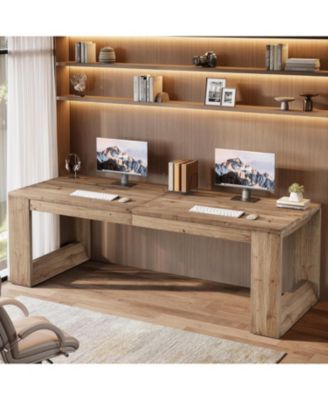 86.6-Inch Two Person Desk, Farmhouse Solid Wood Computer Desk