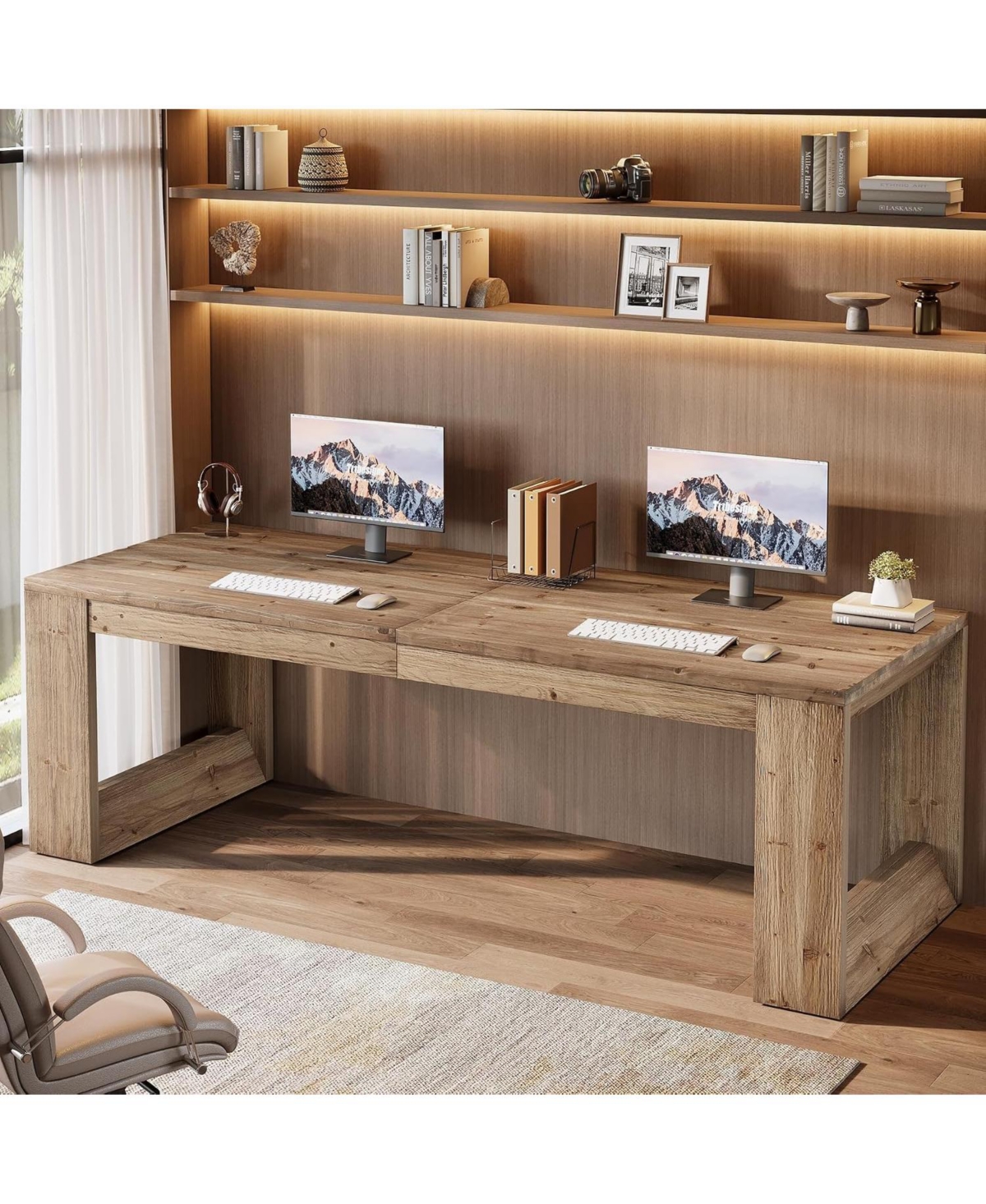 Tribesigns 86.6-Inch Two Person Desk, Farmhouse Solid Wood Computer Desk - Brown