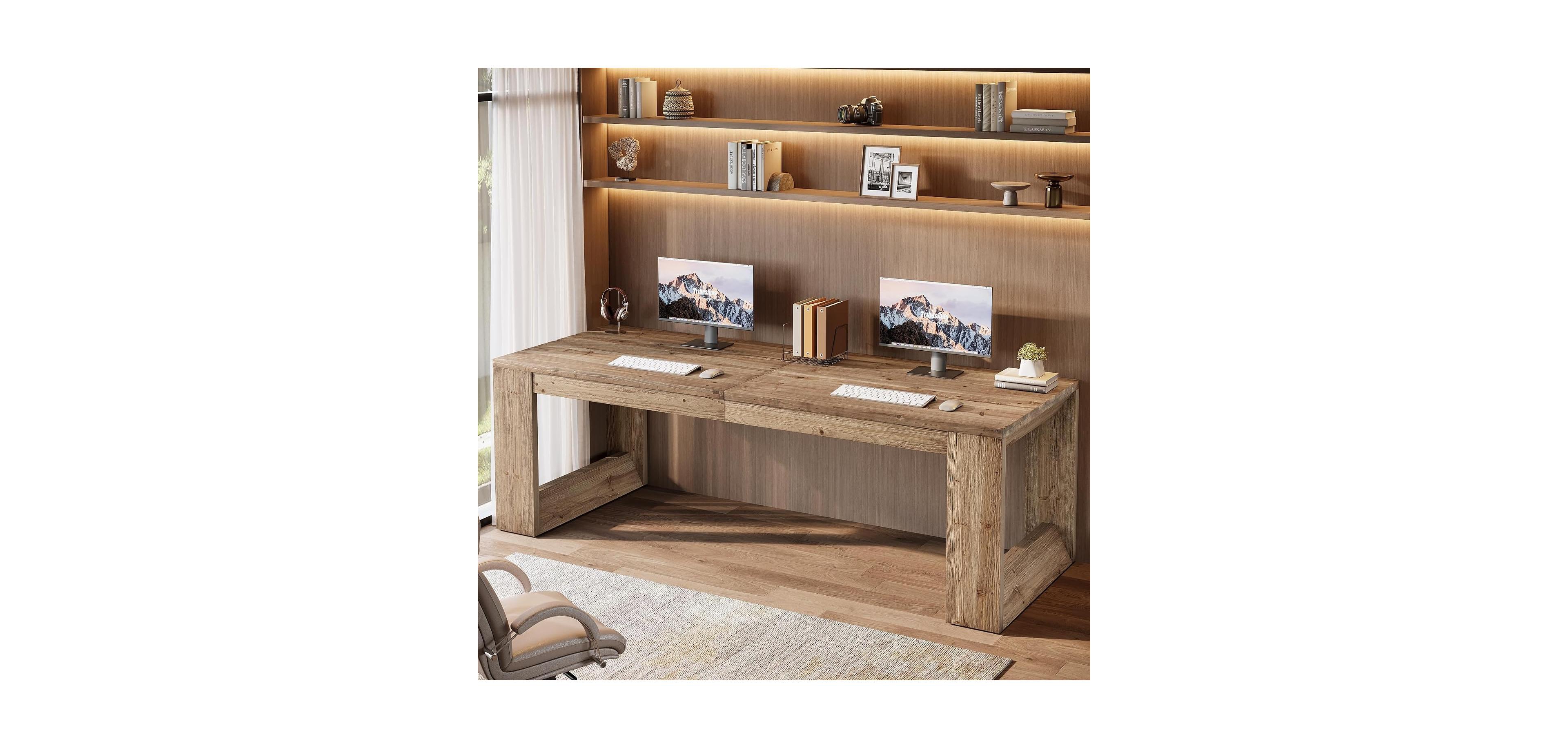 Tribesigns 86.6-Inch Two Person Desk, Farmhouse Solid Wood Computer Desk
