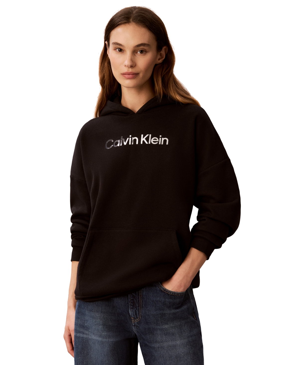 Calvin Klein Performance Women's Shine Logo Fleece Long-Sleeve Hoodie - Black