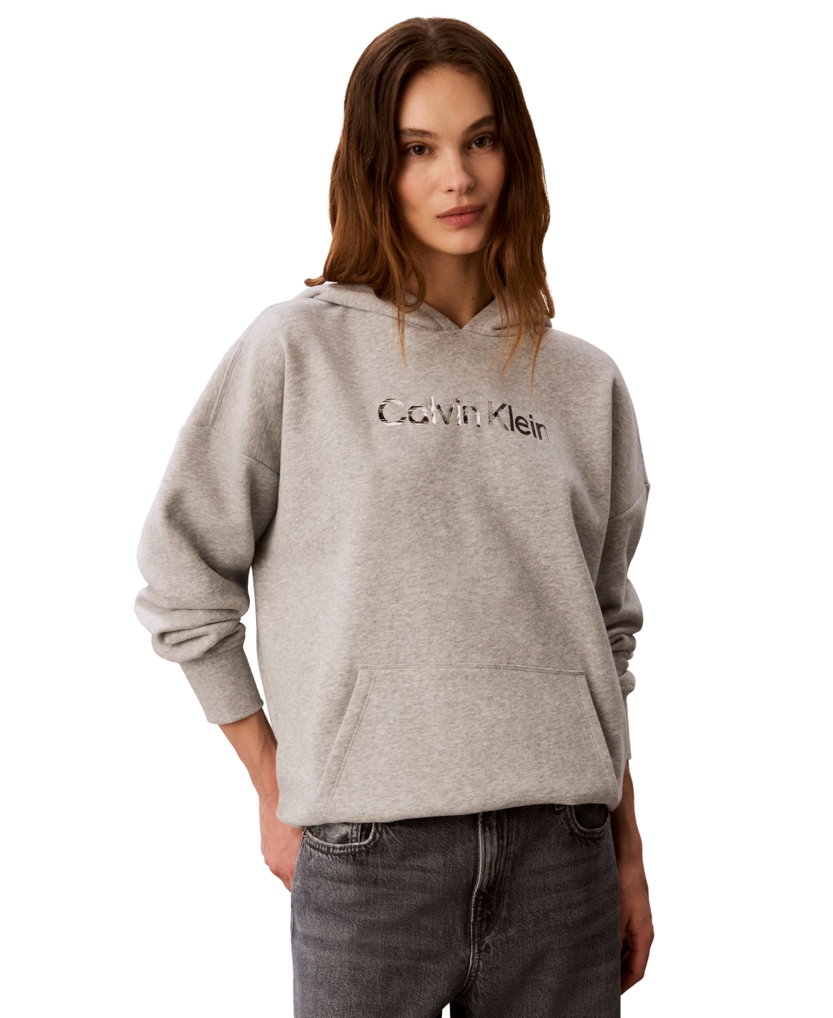 Calvin Klein Performance Women's Shine Logo Fleece Long-Sleeve Hoodie - Grey Heather
