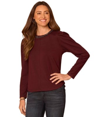 Petite Long-Sleeve Rhinestone Scoop-Neck Blouse