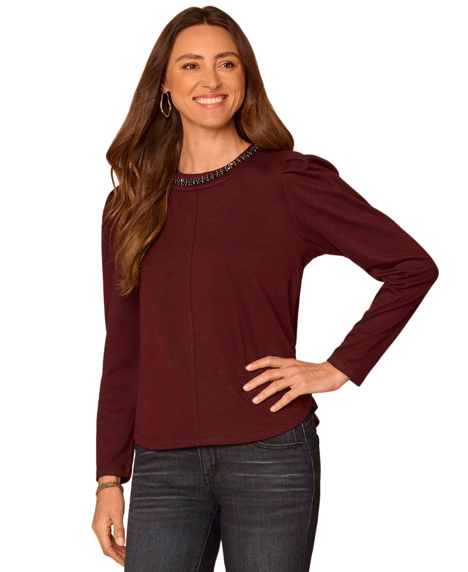 Petite Long-Sleeve Rhinestone Scoop-Neck Blouse