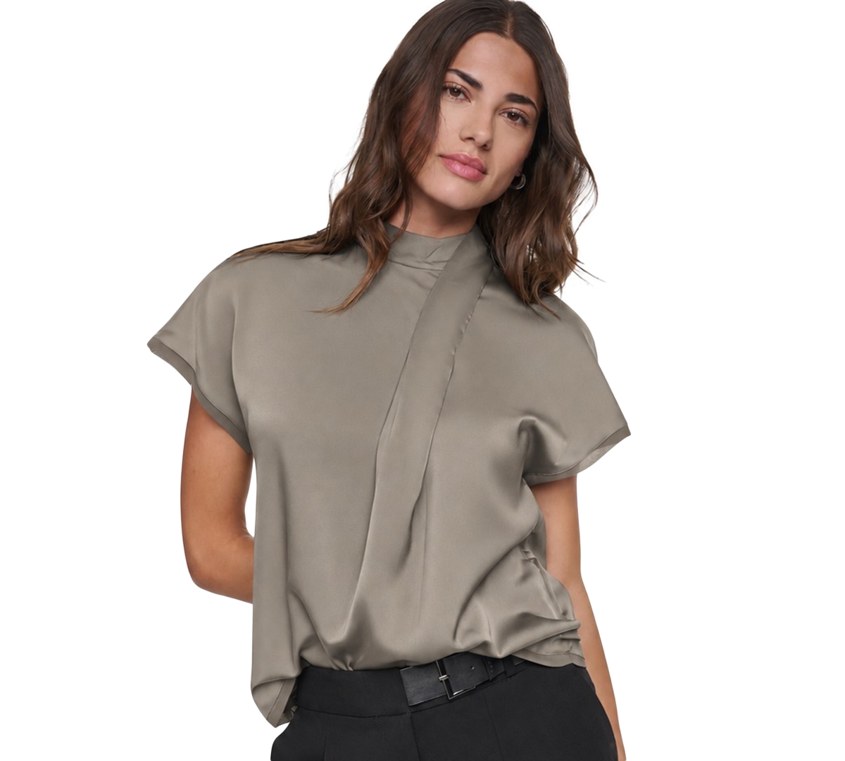 Dkny Women's Short-sleeve Mock-neck Satin Blouse In Gray