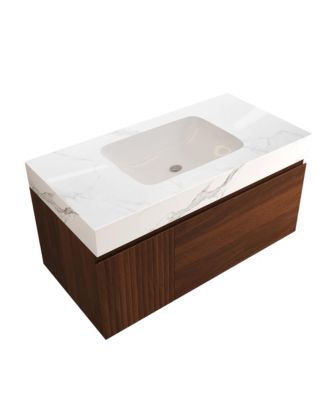 36 Inch Floating Bathroom Vanity with Sintered Stone Top Ceramic Basin 1 Soft Close Drawer 1 Cabinet Wall Mounted