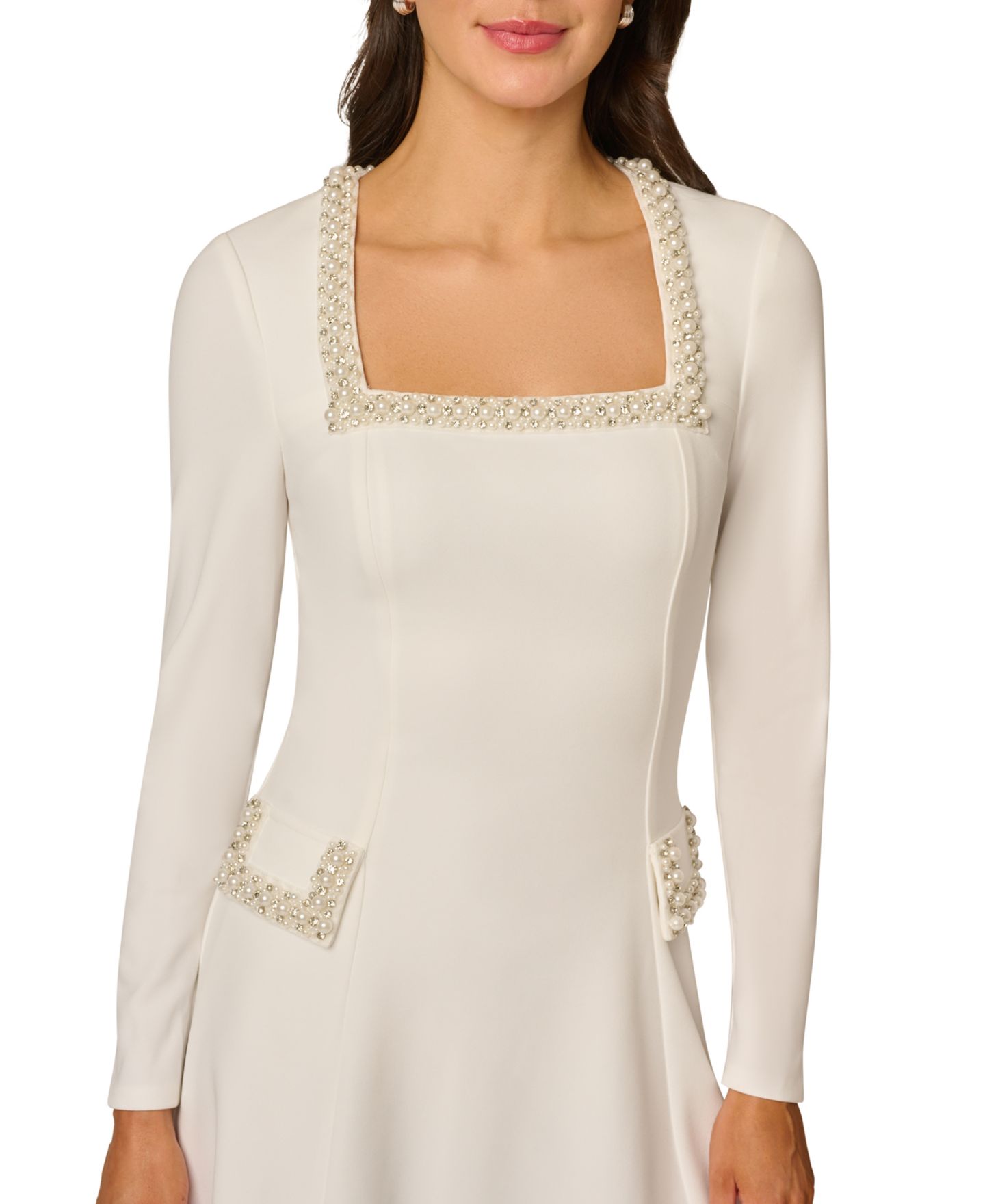 Женское платье Adrianna Papell Pearl Detail Long-Sleeve Square-Neck Short, цвет: Слоновая кость — фото 4
