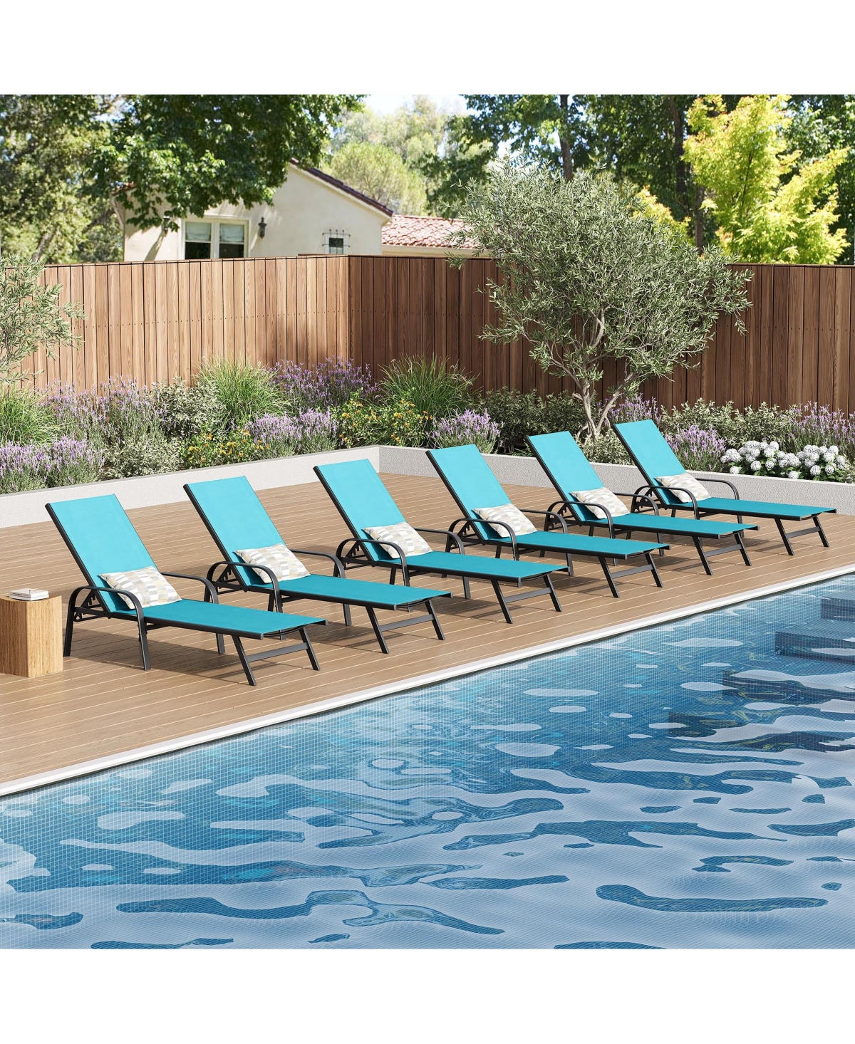 Adjustable Outdoor Lounge Chairs Set of 6, Metal Reclining Patio Chaise with Quick Dry Textilene Seat, Heavy Duty Poolside Sun Lounger
