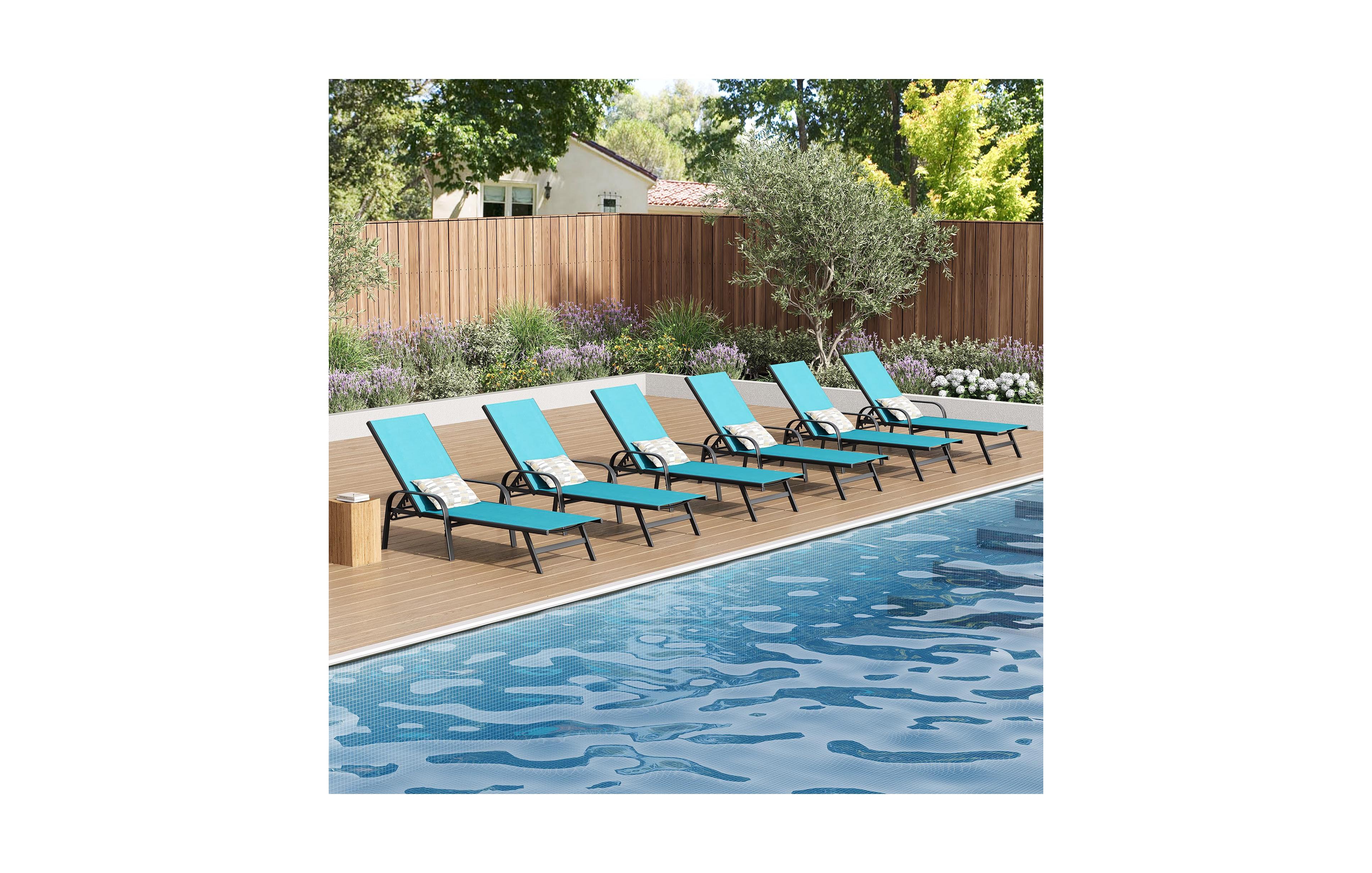 Adjustable Outdoor Lounge Chairs Set of 6, Metal Reclining Patio Chaise with Quick Dry Textilene Seat, Heavy Duty Poolside Sun Lounger